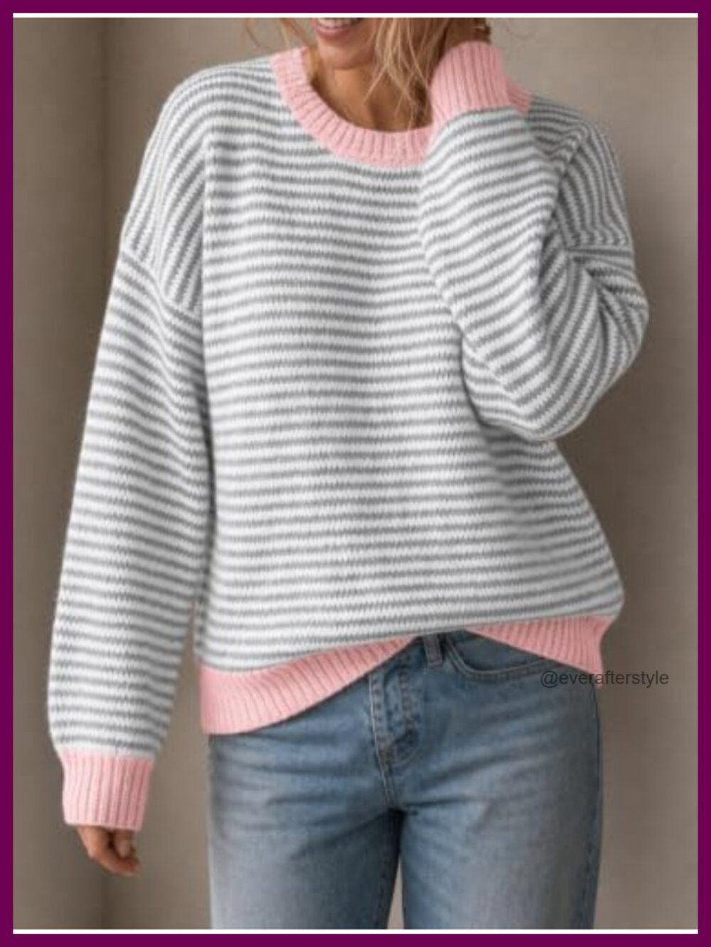 Striped Color Block Knit Pullover Sweater Loose Fit Crewneck Long Sleeve - Picture 2 of 6